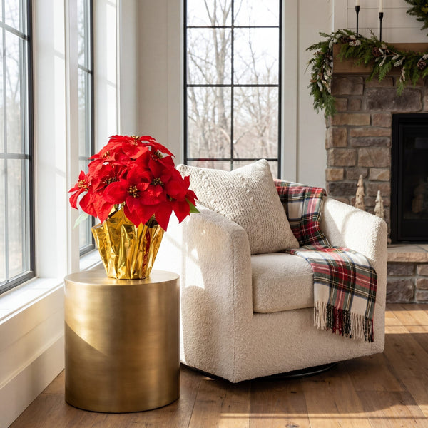 19” Artificial Lush Red Velvet Poinsettia Arrangement in Gold Wrapped Planter