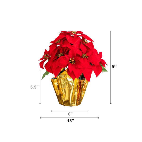 19” Artificial Lush Red Velvet Poinsettia Arrangement in Gold Wrapped Planter