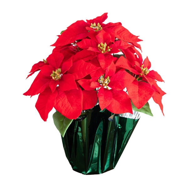 19” Artificial Lush Red Velvet Poinsettia Arrangement in Green Wrapped Planter