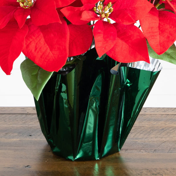 19” Artificial Lush Red Velvet Poinsettia Arrangement in Green Wrapped Planter