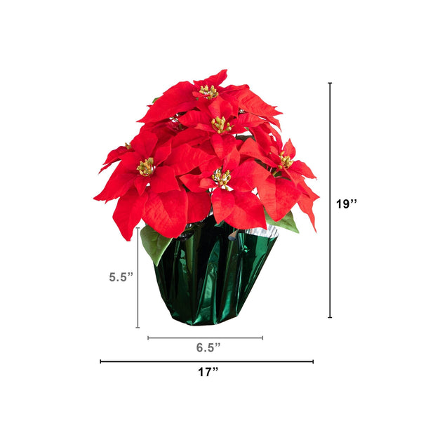 19” Artificial Lush Red Velvet Poinsettia Arrangement in Green Wrapped Planter
