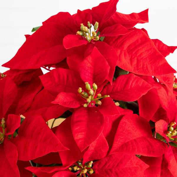 19” Artificial Lush Red Velvet Poinsettia Arrangement in Green Wrapped Planter