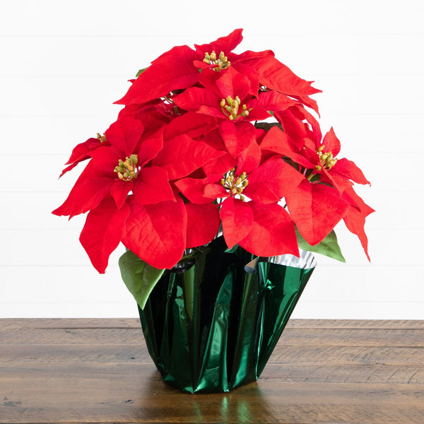 19” Artificial Lush Red Velvet Poinsettia Arrangement in Green Wrapped Planter