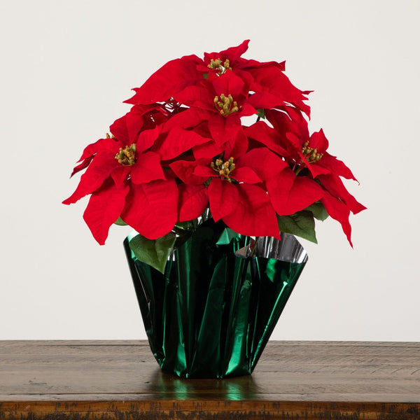 19” Artificial Lush Red Velvet Poinsettia Arrangement in Green Wrapped Planter