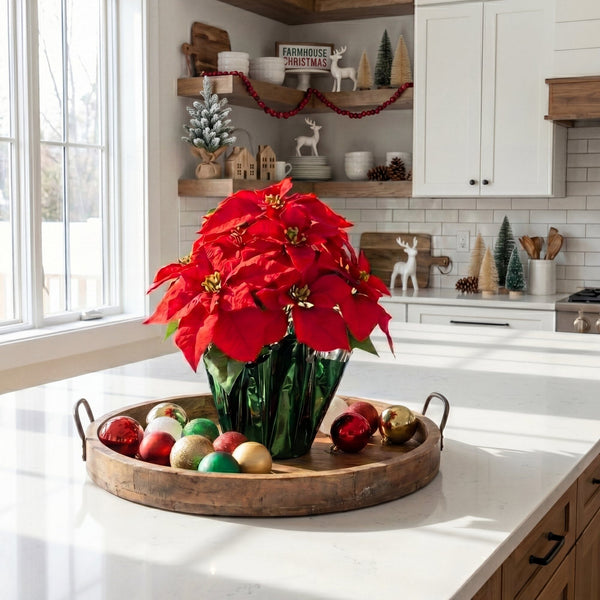 19” Artificial Lush Red Velvet Poinsettia Arrangement in Green Wrapped Planter
