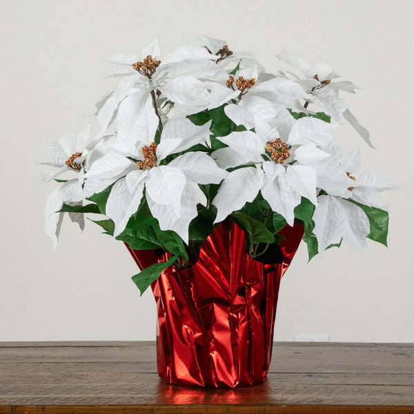 19” Artificial Lush White Poinsettia Arrangement in Red Wrapped Planter