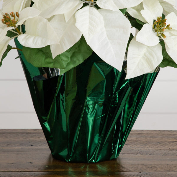 19" Artificial Lush White Velvet Poinsettia Arrangement in Green Wrapped Planter