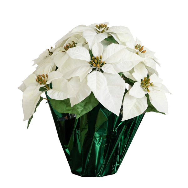 19" Artificial Lush White Velvet Poinsettia Arrangement in Green Wrapped Planter