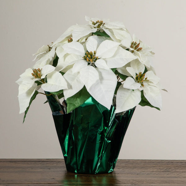 19" Artificial Lush White Velvet Poinsettia Arrangement in Green Wrapped Planter