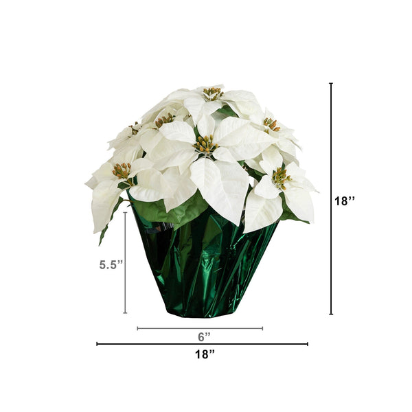 19" Artificial Lush White Velvet Poinsettia Arrangement in Green Wrapped Planter