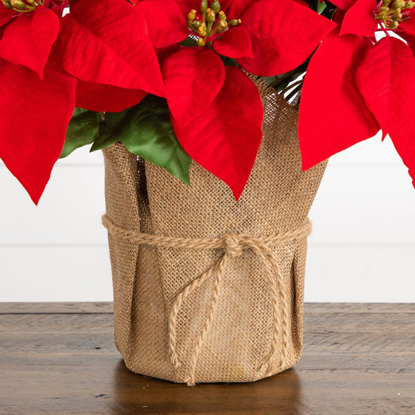 19” Artificial Red Velvet Poinsettia Arrangement in Burlap Planter