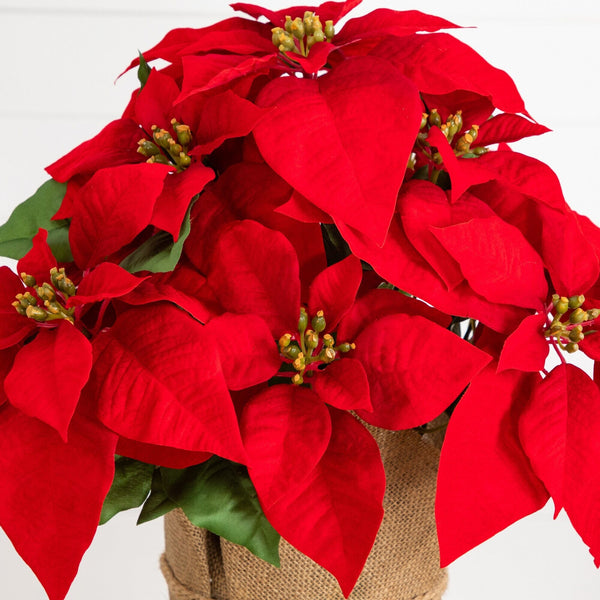 19” Artificial Red Velvet Poinsettia Arrangement in Burlap Planter
