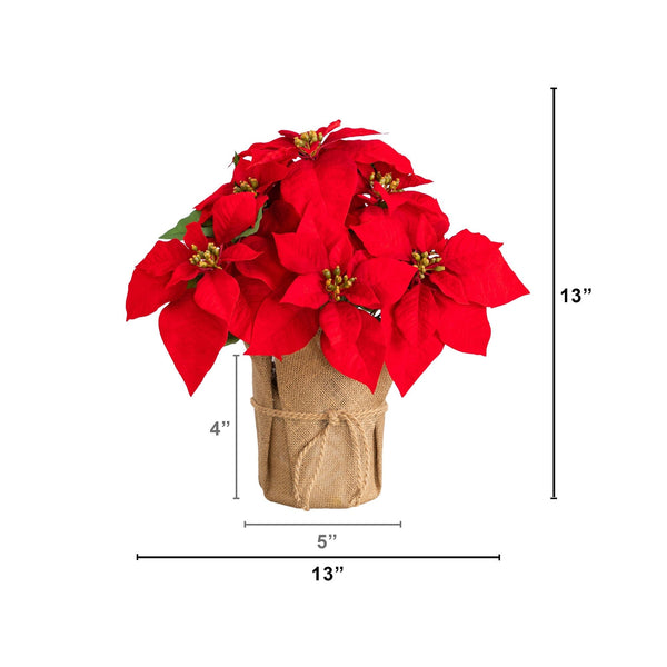19” Artificial Red Velvet Poinsettia Arrangement in Burlap Planter