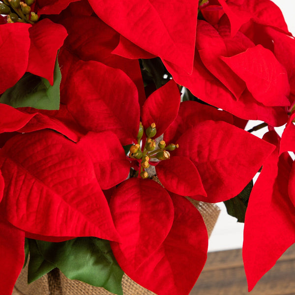 19” Artificial Red Velvet Poinsettia Arrangement in Burlap Planter