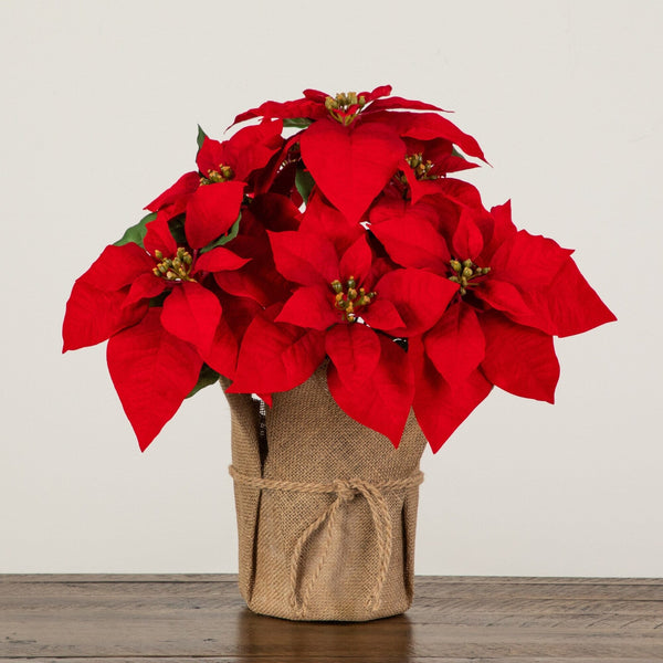 19” Artificial Red Velvet Poinsettia Arrangement in Burlap Planter