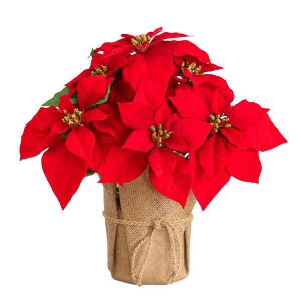 19” Artificial Red Velvet Poinsettia Arrangement in Burlap Planter