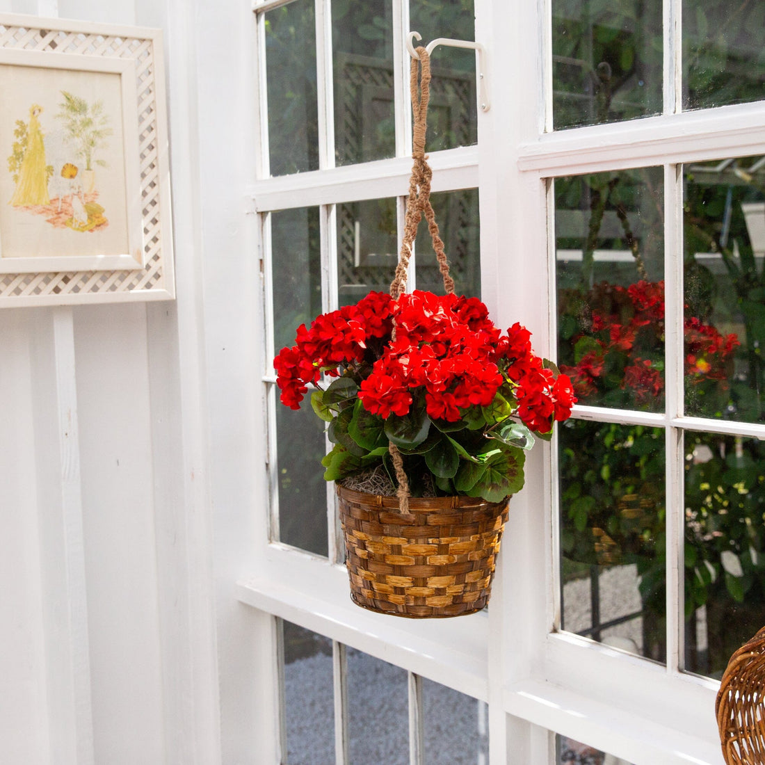 geraniums hanging plants Nearly Natural Geranium Hanging Basket Artificial Plant UV Resistant (Indoor/Outdoor) (White)
