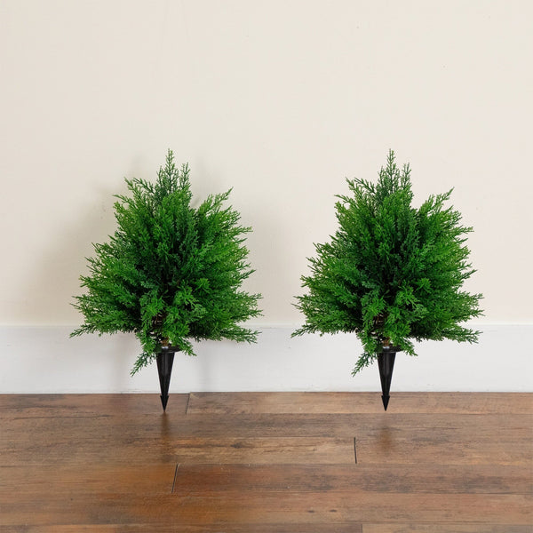19” UV Resistant Artificial Cedar Bush with Integrated Ground Stake (Indoor/Outdoor) - Set of 2