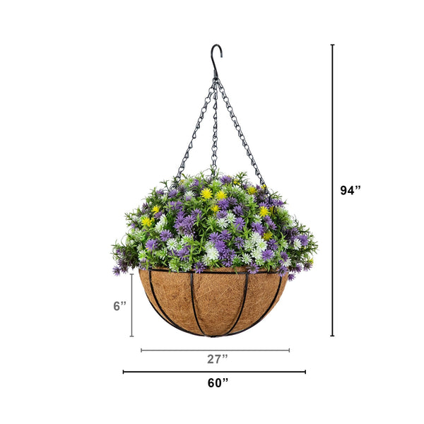deep hanging planter 19” UV Resistant Artificial Dandelion and Rosemary Hanging Basket (Ind – Nearly Natural