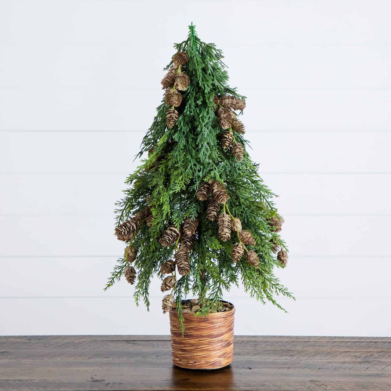 2' Artificial Down Swept Cedar Christmas Tree with Pinecones in Rustic Decorative Planter
