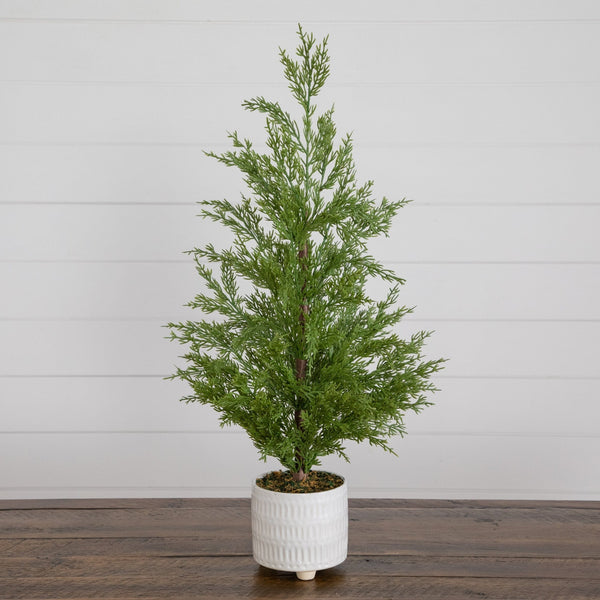 2' Artificial Norfolk Pine Christmas Tree in White Ceramic Planter