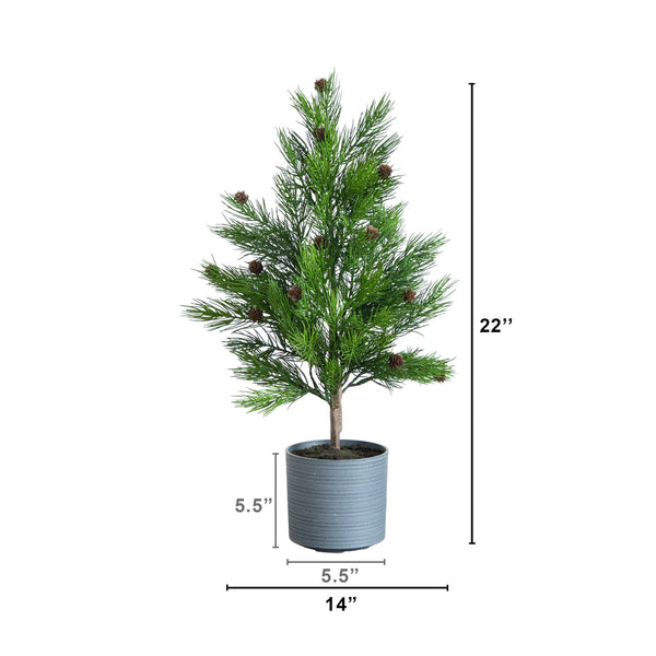 2' Artificial Real Touch Cedar Christmas Tree with Pinecones in Gray Decorative Planter