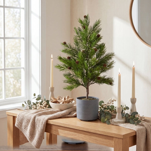2' Artificial Real Touch Cedar Christmas Tree with Pinecones in Gray Decorative Planter