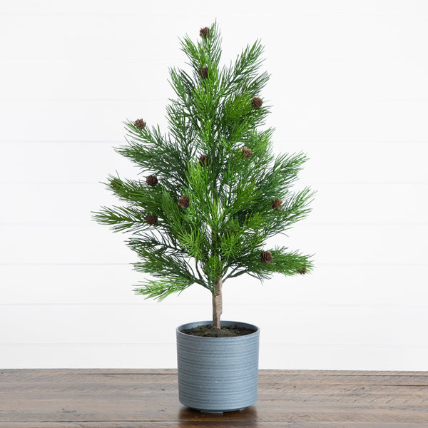 2' Artificial Real Touch Cedar Christmas Tree with Pinecones in Gray Decorative Planter