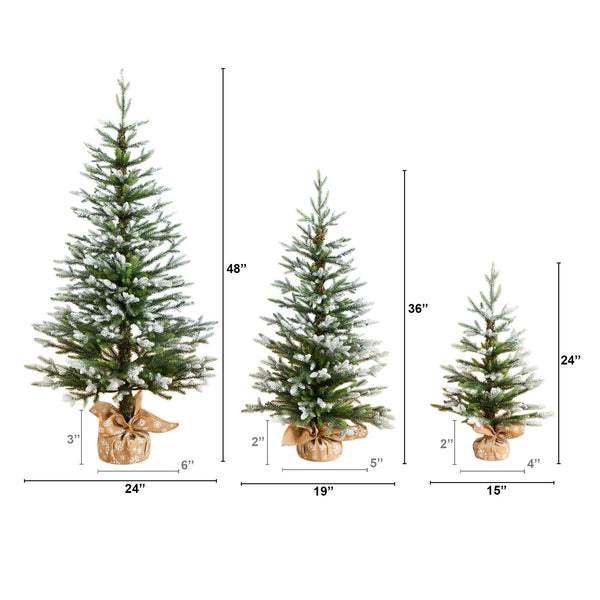 2' 3' 4' Artificial Snowed Balsam Fir Christmas Tree in Burlap Wrapped Base - Set of 3