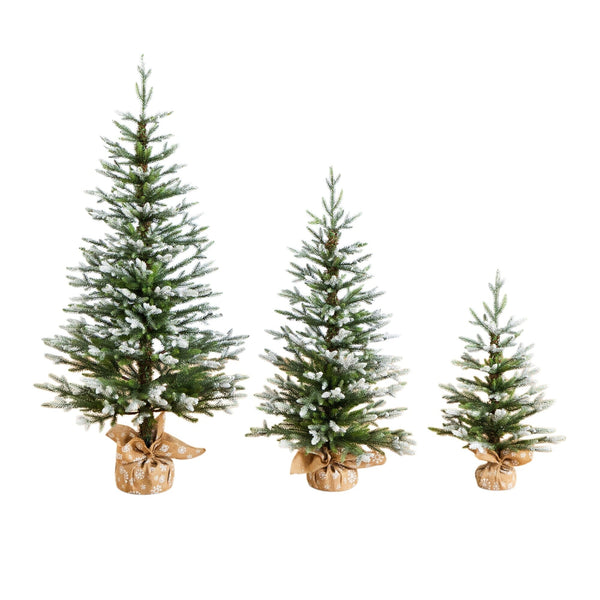 2' 3' 4' Artificial Snowed Balsam Fir Christmas Tree in Burlap Wrapped Base - Set of 3
