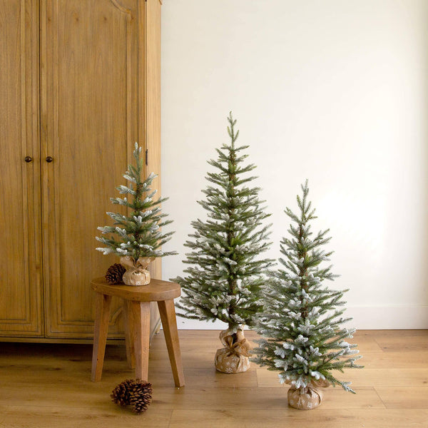 2' 3' 4' Artificial Snowed Balsam Fir Christmas Tree in Burlap Wrapped Base - Set of 3
