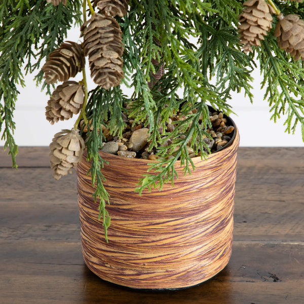 2' Artificial Down Swept Cedar Christmas Tree with Pinecones in Rustic Decorative Planter
