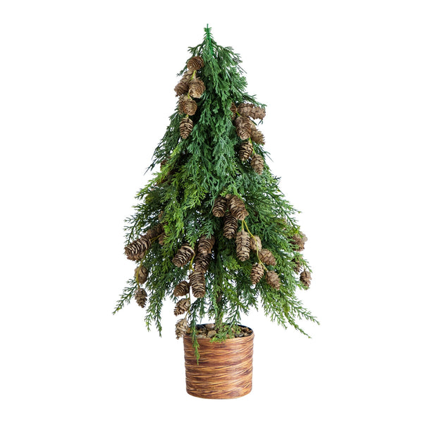 2' Artificial Down Swept Cedar Christmas Tree with Pinecones in Rustic Decorative Planter