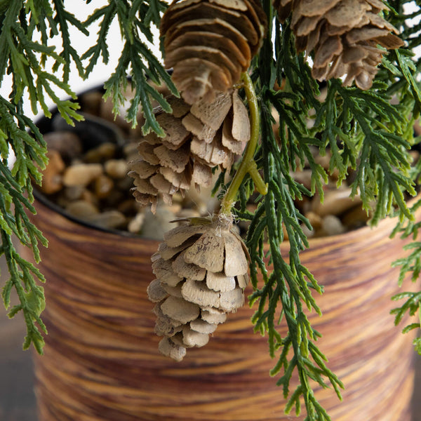2' Artificial Down Swept Cedar Christmas Tree with Pinecones in Rustic Decorative Planter