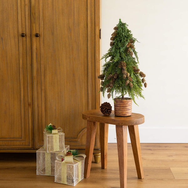 2' Artificial Down Swept Cedar Christmas Tree with Pinecones in Rustic Decorative Planter