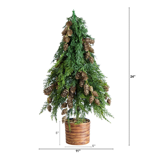 2' Artificial Down Swept Cedar Christmas Tree with Pinecones in Rustic Decorative Planter