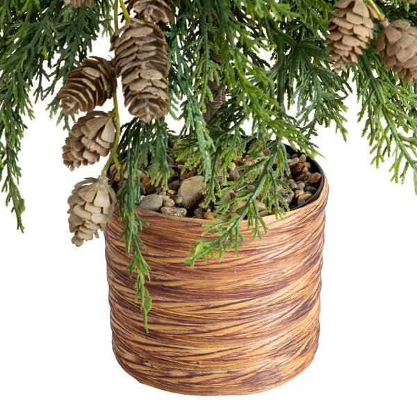 2' Artificial Down Swept Cedar Christmas Tree with Pinecones in Rustic Decorative Planter