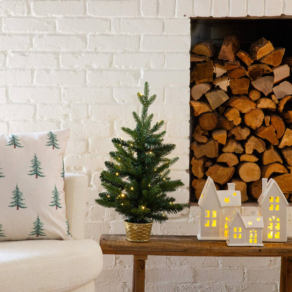 2' Pre-Lit Artificial Classic Christmas Tree with 35 Warm White LED Lights in Gold Decorative Planter