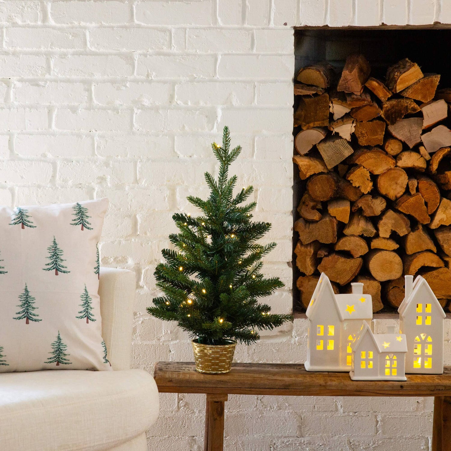 2' Pre-Lit Artificial Classic Christmas Tree with 35 Warm White LED Lights in Gold Decorative Planter