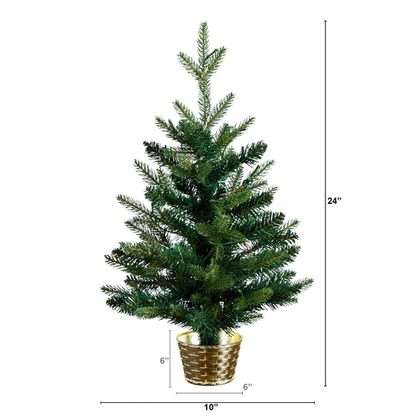 2' Pre-Lit Artificial Classic Christmas Tree with 35 Warm White LED Lights in Gold Decorative Planter