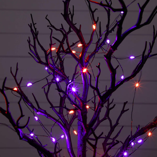 2' Pre-Lit Artificial Halloween Black Spooky Twig Tree with 60 Orange & Purple Copper Wire String LED Lights