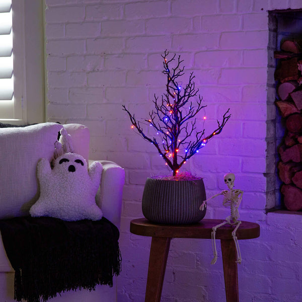 2' Pre-Lit Artificial Halloween Black Spooky Twig Tree with 60 Orange & Purple Copper Wire String LED Lights