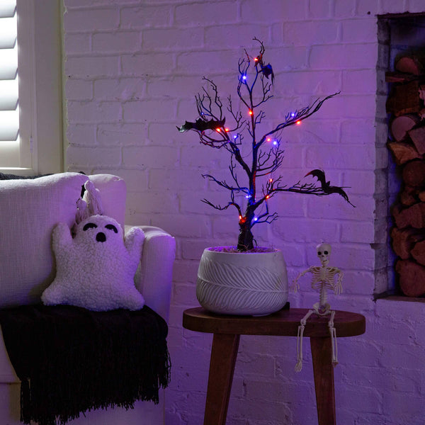 2' Pre-Lit Artificial Halloween Black Spooky Twig Tree with Bats and 40 Orange & Purple LED Lights