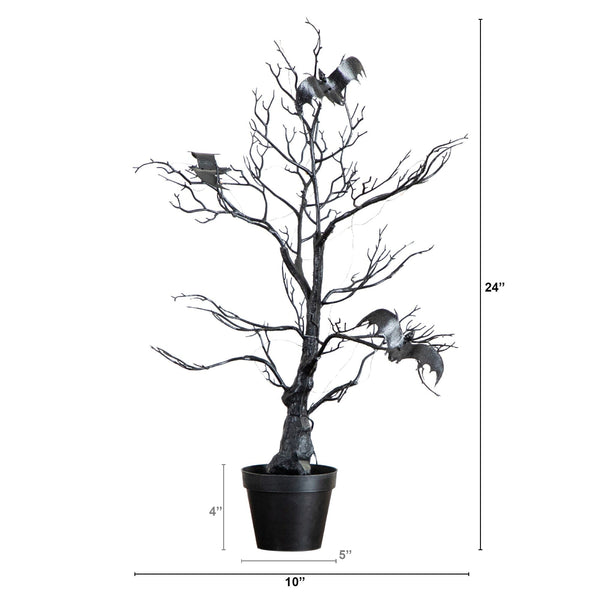 2' Pre-Lit Artificial Halloween Black Spooky Twig Tree with Bats and 40 Orange & Purple LED Lights