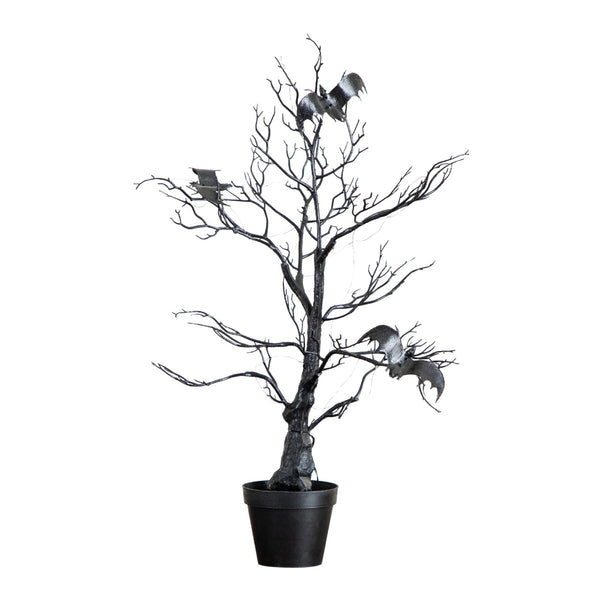 2' Pre-Lit Artificial Halloween Black Spooky Twig Tree with Bats and 40 Orange & Purple LED Lights