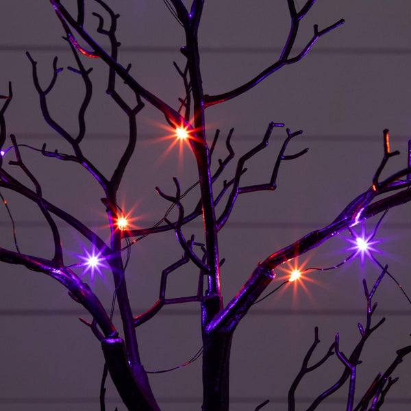 2' Pre-Lit Artificial Halloween Black Spooky Twig Tree with Bats and 40 Orange & Purple LED Lights