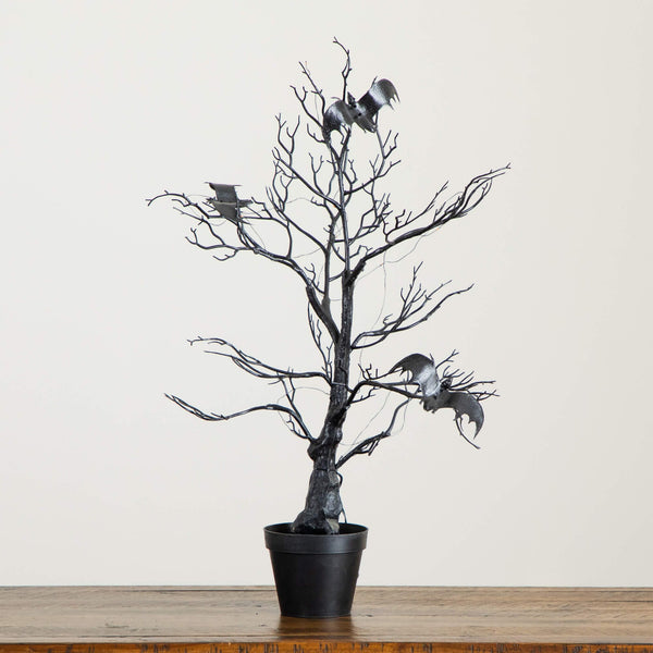 2' Pre-Lit Artificial Halloween Black Spooky Twig Tree with Bats and 40 Orange & Purple LED Lights