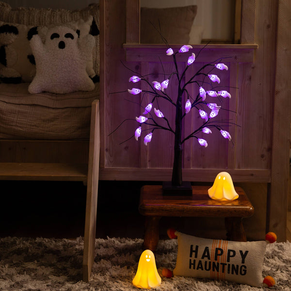 2' Pre-Lit Artificial Halloween Ghost Twig Tree with 24 Purple LED Lights