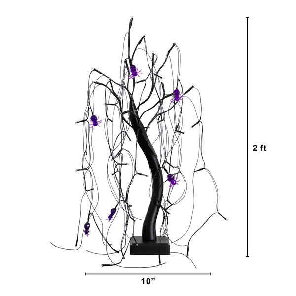 2' Pre-Lit Halloween Artificial Black Spooky Spider Willow Tree with 60 Orange & Purple LED Lights