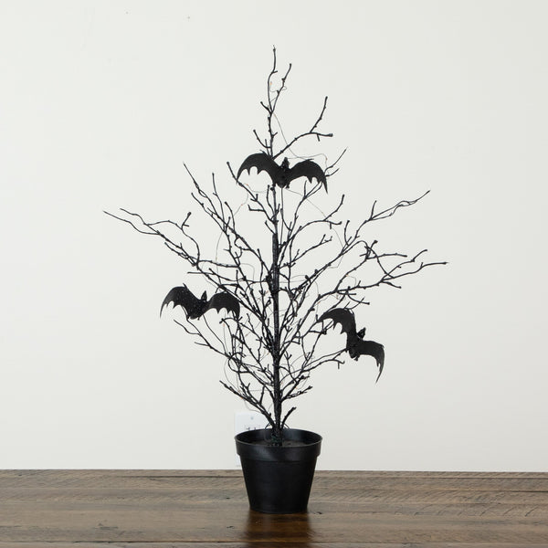 2' Pre-Lit Artificial Black Spooky Twig Tree with Bats and 40 Orange & Purple LED Lights